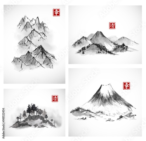 Paintings of mountains hand drawn with ink. Traditional oriental ink painting sumi-e, u-sin, go-hua. Contains hieroglyphs - happiness, clarity