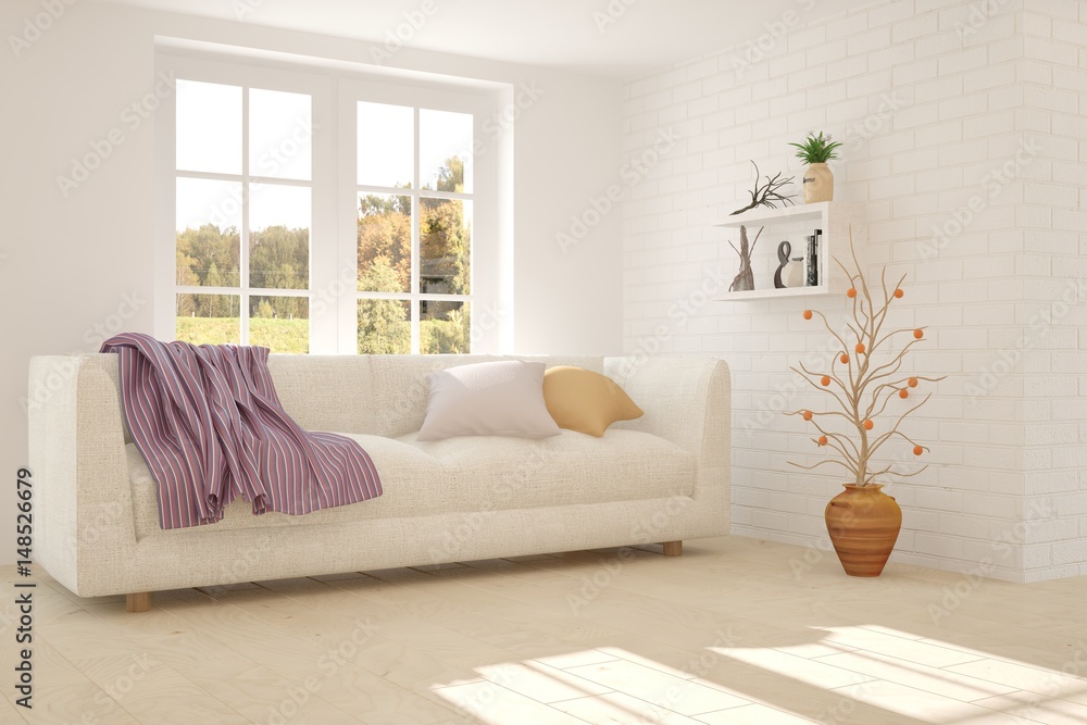 White modern room with sofa. Scandinavian interior design. 3D illustration White modern room with sofa. Scandinavian interior design. 3D illustration
