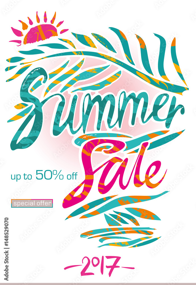 Obraz premium Summer Sale beautiful background with hand drawn tropical leaves and sunrise. Vector illustration template for posters, banners, flyers, invitation, brochure, voucher discount. 