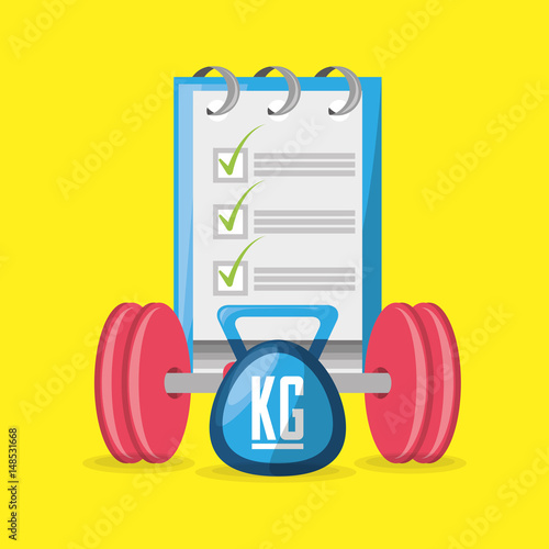 weights and weighing mashine with tips to carry healthy lifestyle, vector illustration