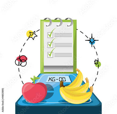 weighing mashine with fruits and tips list, vector illustration