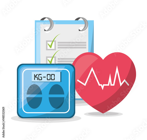 weighing mashine with heartbeat and tips list, vector illustration