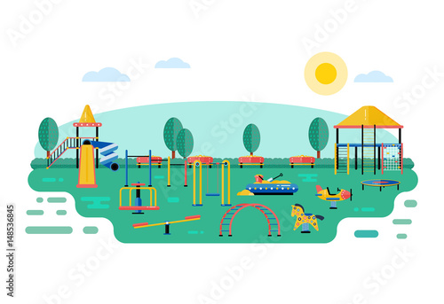 Kids playground vector landscape in flat design. Children play area devices on nature or urban park background. Kindergarten amusement toys outside. Youth sport and recreation ground equipment.