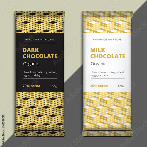 Organic dark and milk chocolate bar design. Choco packaging vector mockup. Trendy luxury product branding template with label and geometric pattern
