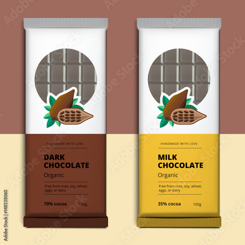 Organic dark and milk chocolate bar design. Choco packaging vector mockup. Trendy luxury product branding template with label and geometric pattern