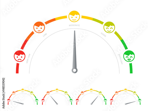 Client survey rate or meter in flat design. Customer service satisfaction score diagram or scale. Feedback gauge or speedometer with smiley like and dislike icons. Social consumer score graph.