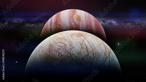 Fototapeta Naklejka Na Ścianę i Meble -  Jupiter's moon Europa in front of the planet Jupiter and the Milky Way galaxy