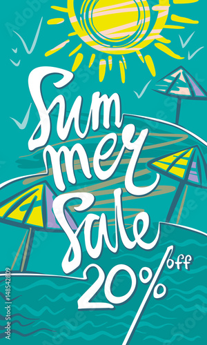 Summer Sale 20% discount. Seasonal poster with sun, sea and beach. Vector illustration. 