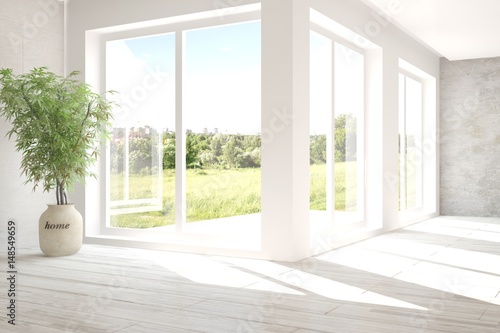 White empty room with green landscape in window. Scandinavian interior design. 3D illustration