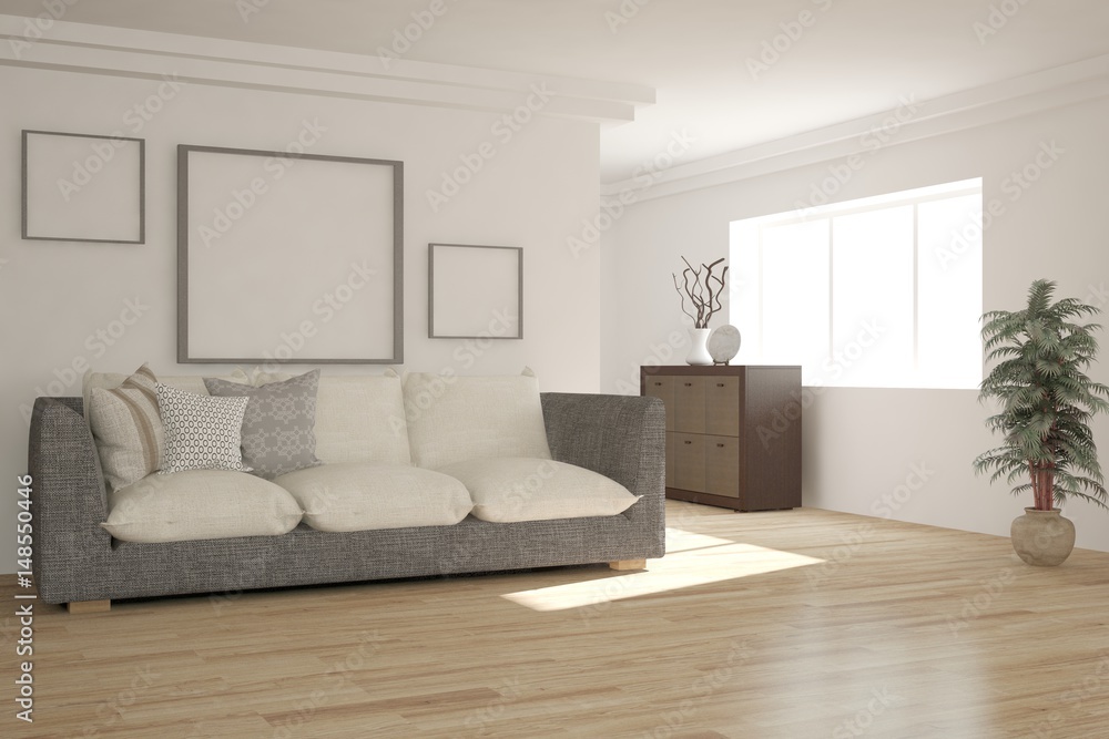 Fototapeta premium White modern room with sofa. Scandinavian interior design. 3D illustration