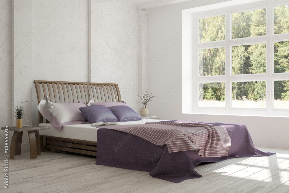Fototapeta premium White bedroom with green landscape in window. Scandinavian interior design. 3D illustration