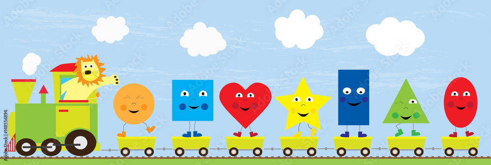 educational vector illustration with train, lion and dancing basic ...