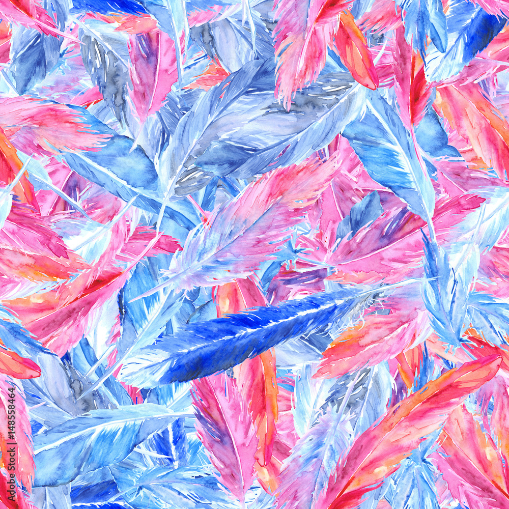 Watercolor colorful pink blue bird feather seamless pattern texture background