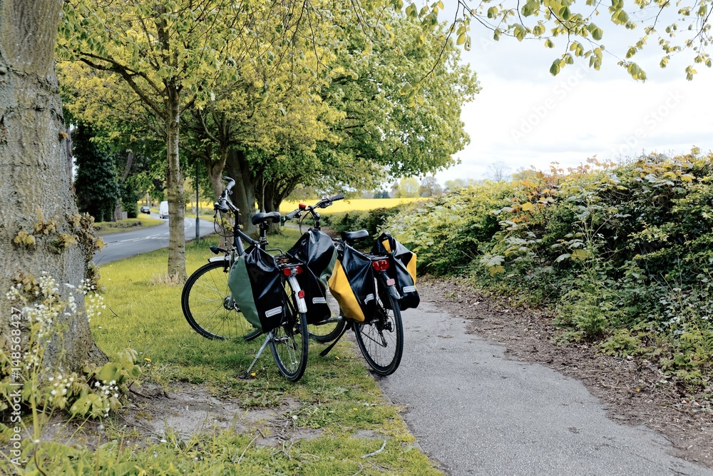Pair of two bikes with panniers on grass near path