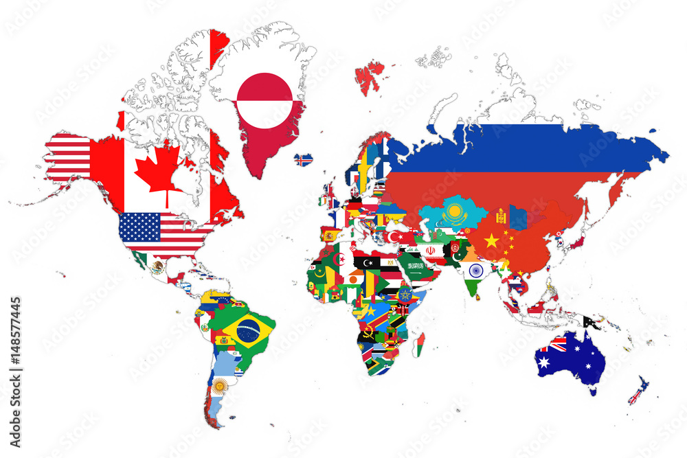 Obraz premium 3D Map of the World with National Flags on White Background 3D Illustration
