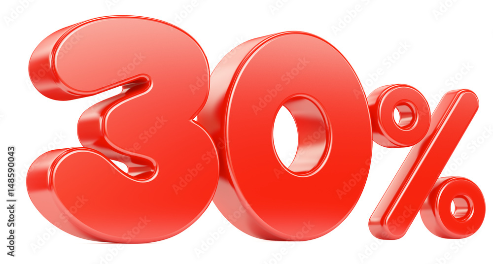 Thirty red percent isolated on white background. 3d render illustration.