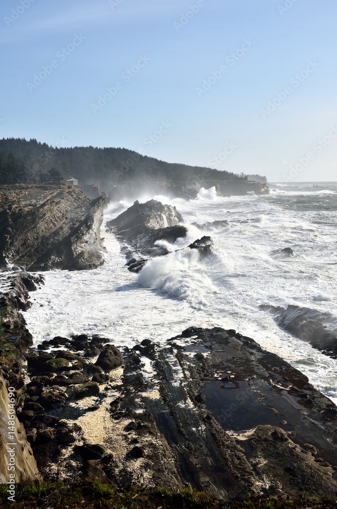 Huge Spray From Waves Crashing Against Rocks, Shore Acres State Park, Oregon Huge Spray From Waves Crashing Against Rocks, Shore Acres State Park, Oregon