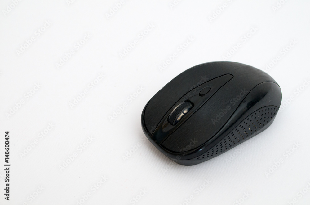 Black wireless mouse on a white background Black wireless mouse on a white background