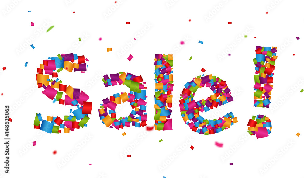 sale sign with colorful confetti background