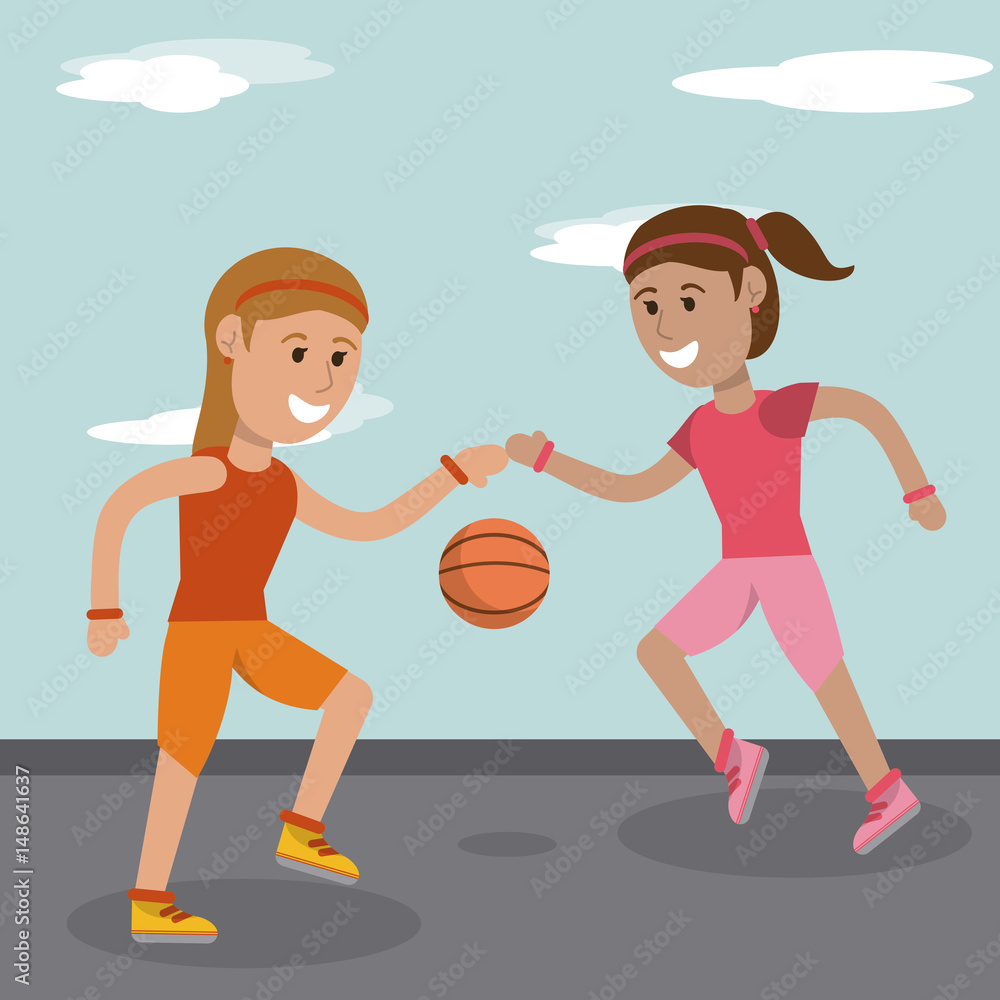 cartoon girls playing basketball sport image vector illustration