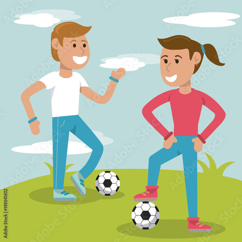 couple kids practicing soccer sport vector illustration