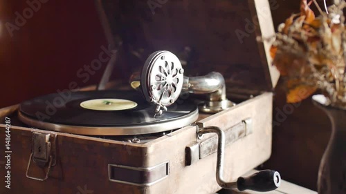 Loop-able Vintage Video of Old Gramophone, playing a record, close up slow motion