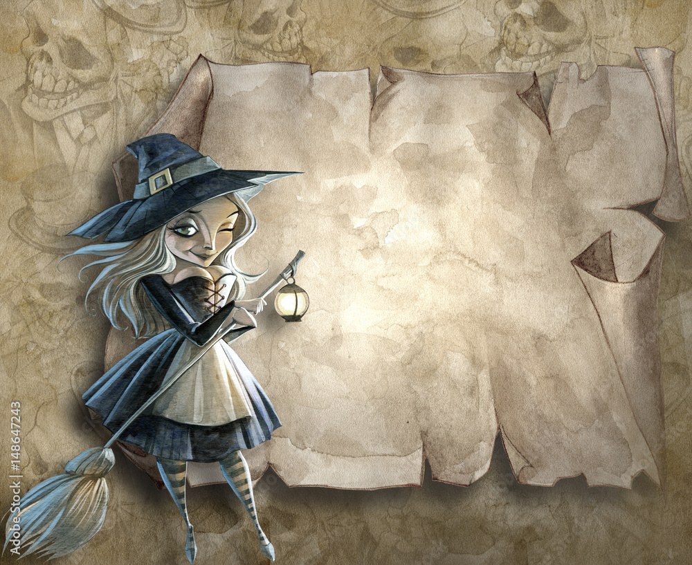 Halloween background illustration with a beautiful witch Stock