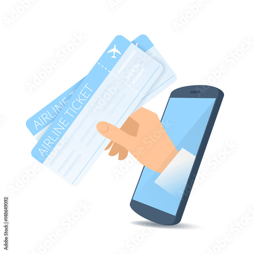 A human hand through the mobile phone's screen holds an airline tickets. Modern technology, smart phone apps, online order flat concept illustration. Vector design element isolated on white background