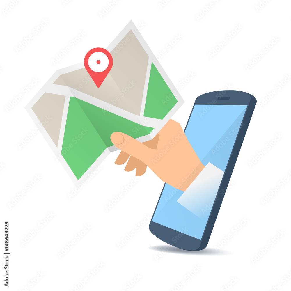 A human hand through the mobile phone's screen holds a navigation map. Modern technology and smart phone apps, gps flat concept illustration. Vector design element isolated on white background. A human hand through the mobile phone's screen holds a navigation map. Modern technology and smart phone apps, gps flat concept illustration. Vector design element isolated on white background.