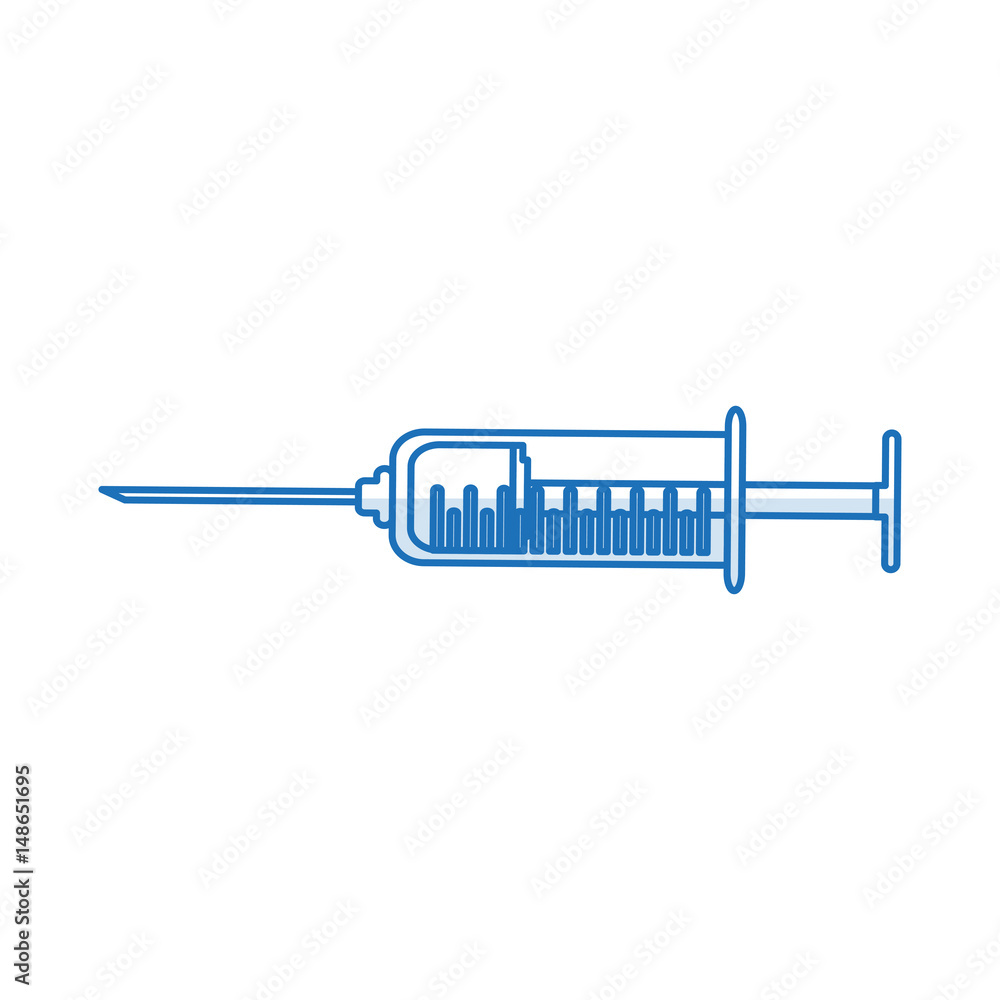 blue silhouette shading needle syringe with liquid and inchs vector