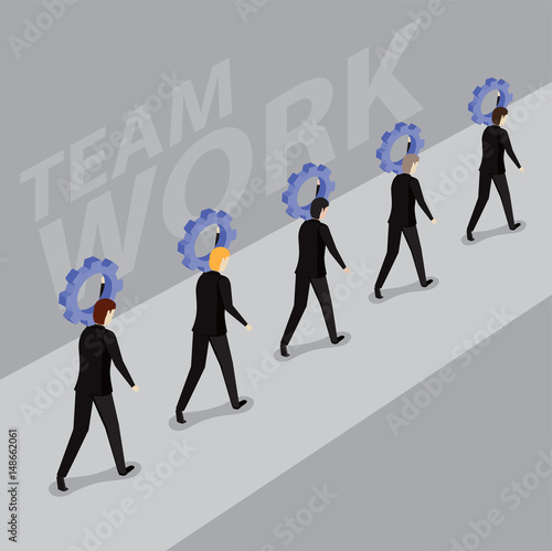 Businessmen carrying a sprocket in a row.teamwork, success and team work