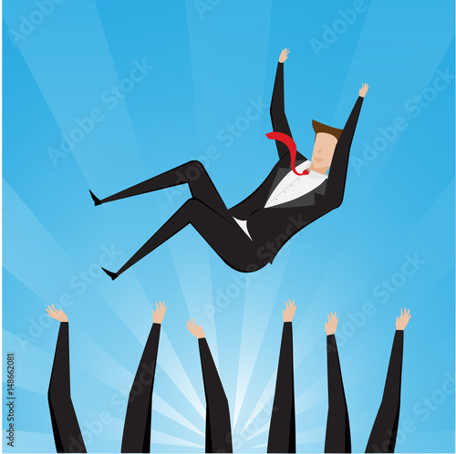 Successful businessman being throwing up by his teamwork, success and team work