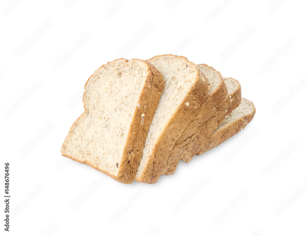 Closeup pile of wheat bread for breakfast with shadow isolated on white background