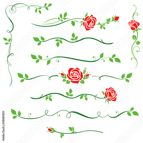 Set of decorative calligraphic floral elements for wedding invitation design. Vector illustration. Red rose silhouette with green leaf. Floral dividers, design elements for page decor