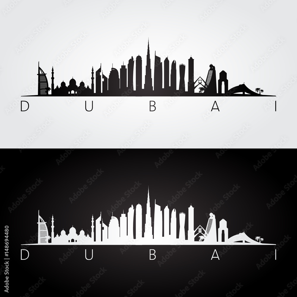 Dubai UAE skyline and landmarks silhouette, black and white design.