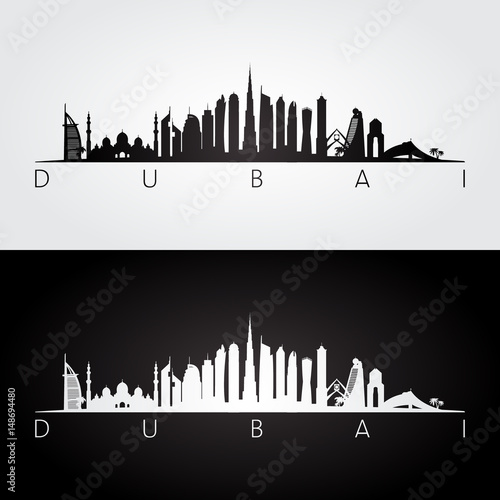 Dubai UAE skyline and landmarks silhouette, black and white design.