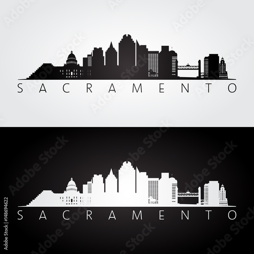 Sacramento USA skyline and landmarks silhouette, black and white design.
