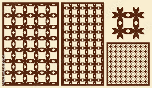 Set of decorative panels laser cutting. Repeated geometric pattern. The ratio of 2: 3, 1: 2, 1: 1. Vector illustration.