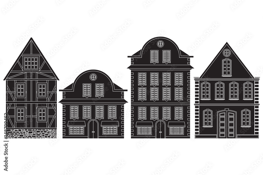 Old european town houses. Outline black drawing