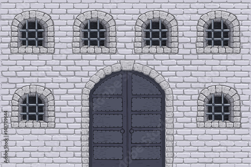Medieval castle wall with doors and barred windows. Hand drawn sketch
