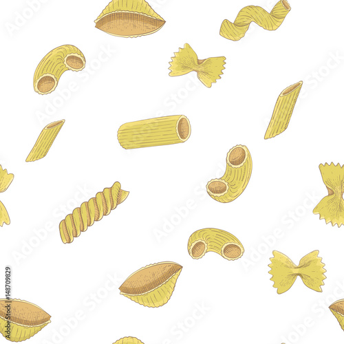Pasta collection. Colored hand drawn sketch. Seamless pattern