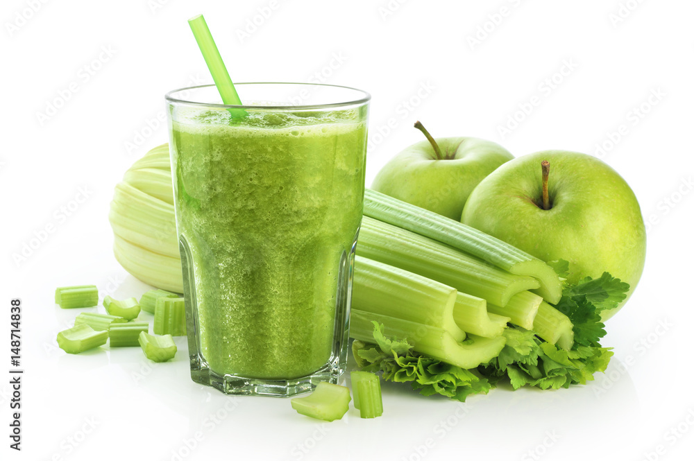 Fotografie Detox smoothie with celery and apple on a white background.
