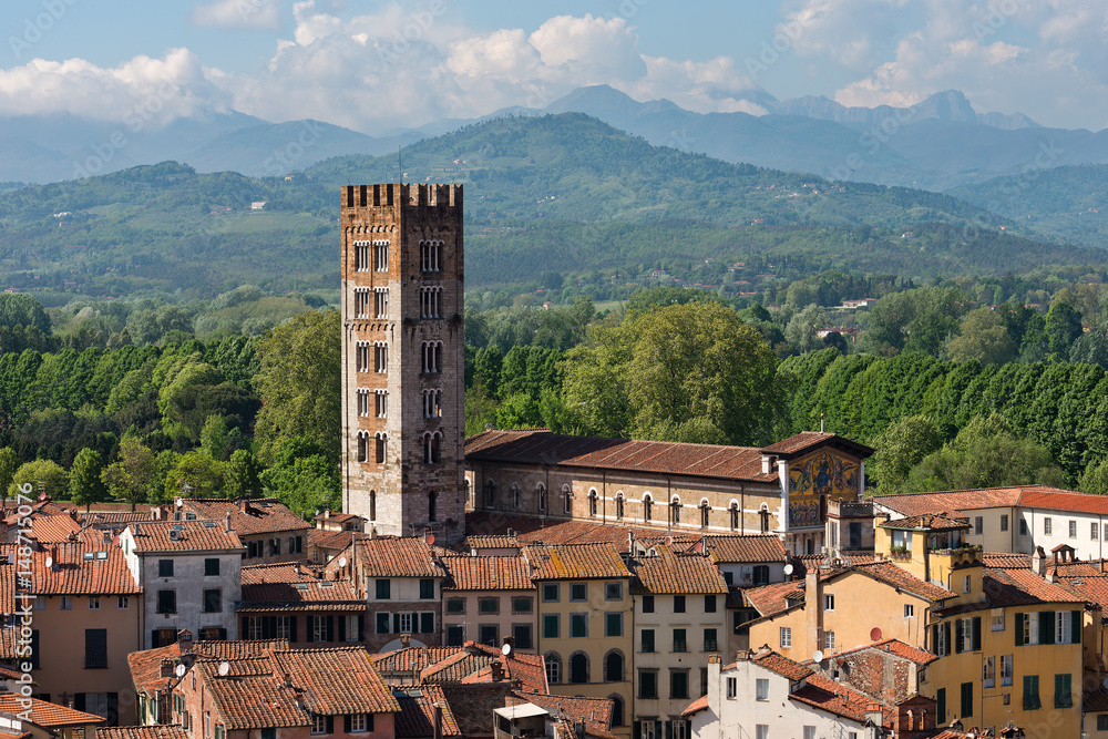 Aerial view of Lucca with the Basilica of San Frediano. Tuscany, Italy, Europe