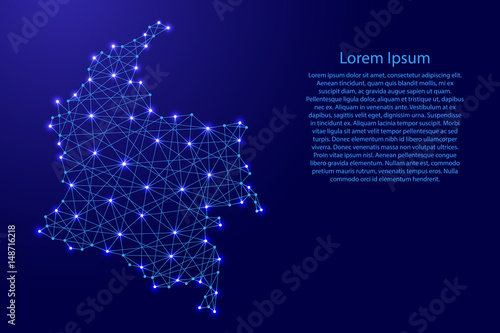 Map of Colombia from polygonal blue lines and glowing stars vector illustration