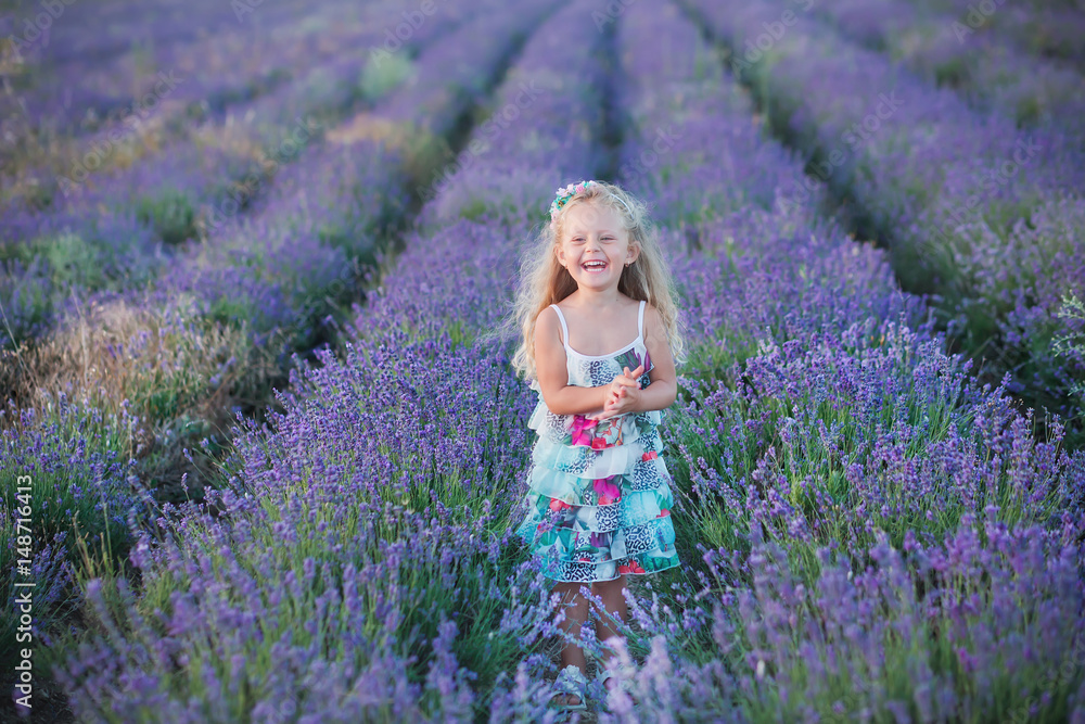 Young mother with young daughter smiling on the field of lavender .Daughter sitting on mother hands.Girl in colorful dress and mother in dark blue dress. Young mother with young daughter smiling on the field of lavender .Daughter sitting on mother hands.Girl in colorful dress and mother in dark blue dress.