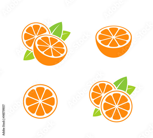 Orange fruit. Icon set. Cut oranges with leaves on white background