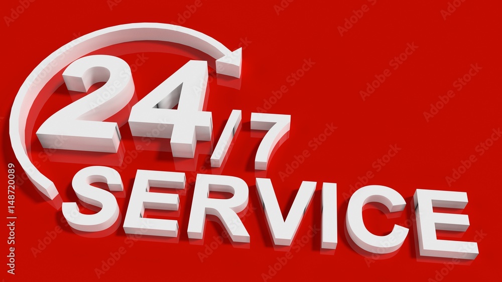 24/7 Service over red Background 24/7 Service over red Background