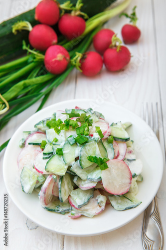 Cucumber salad, radish and green onions