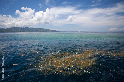 Sea with floating trash, nature and environment