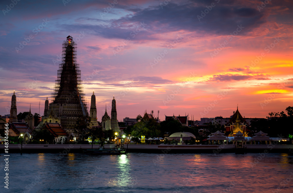 Silhouette at Wat Arun next to the Chao Phaya River in Bangkok